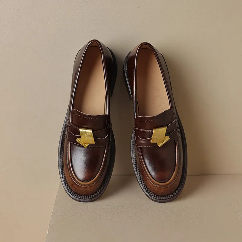 Vintage Cowhide Block Heel Penny Loafers with Metal Accent in Black/Brown
